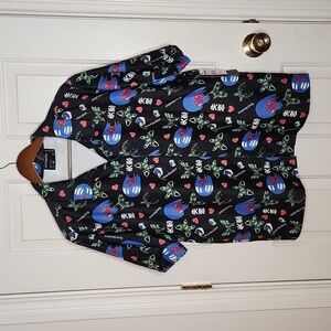 Vitriol Womens Ziggy Anime Print Black Short Sleeve Button Up Shirt Size L NWT